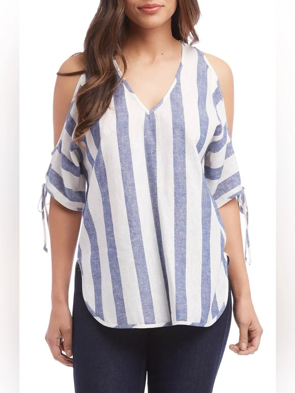 Karen Kane Cold Shoulder Tie Sleeve V Top Navy Blue White Striped Linen Blouse